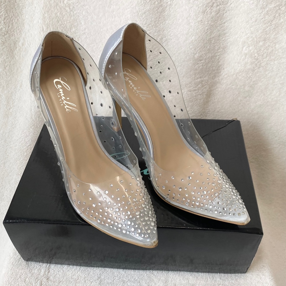 Camille La Vie Silver Rhinestone Clear PVC Pointed‎ Toe Pumps Heels SPU0061 8.5